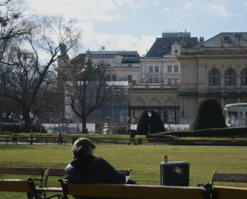 Älterer Herr lesend im Stadtpark