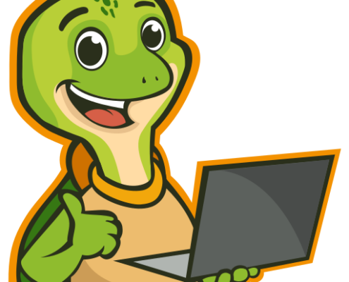 Cartoon-Schildkröte mit Laptop - Social-Media-Logo